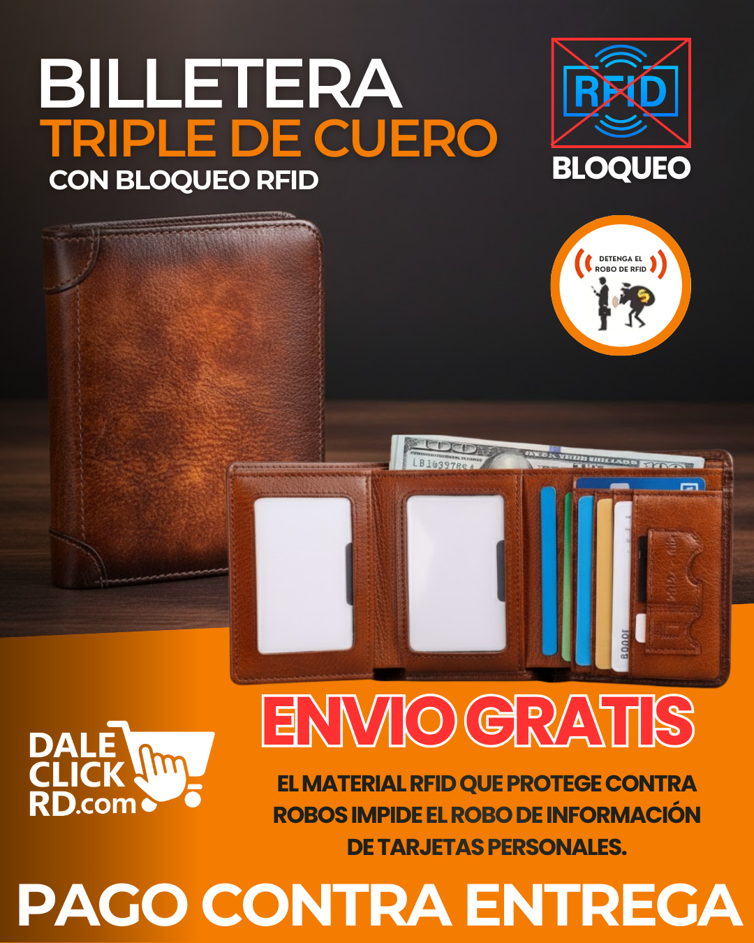 Billetera Triple de Cuero con Bloqueo RFID