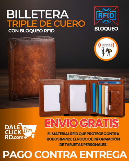 Billetera Triple de Cuero con Bloqueo RFID