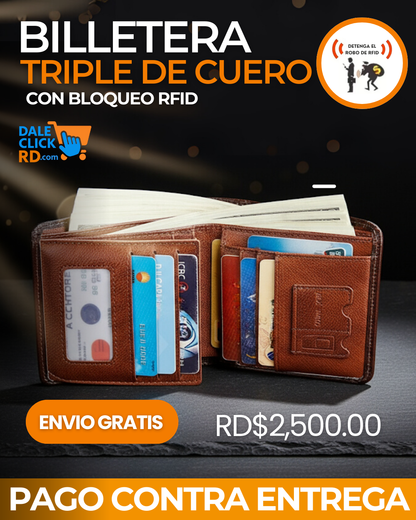 Billetera Triple de Cuero con Bloqueo RFID